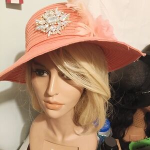 Elegant Pink Wide-Brim Hat with Crystal Brooch